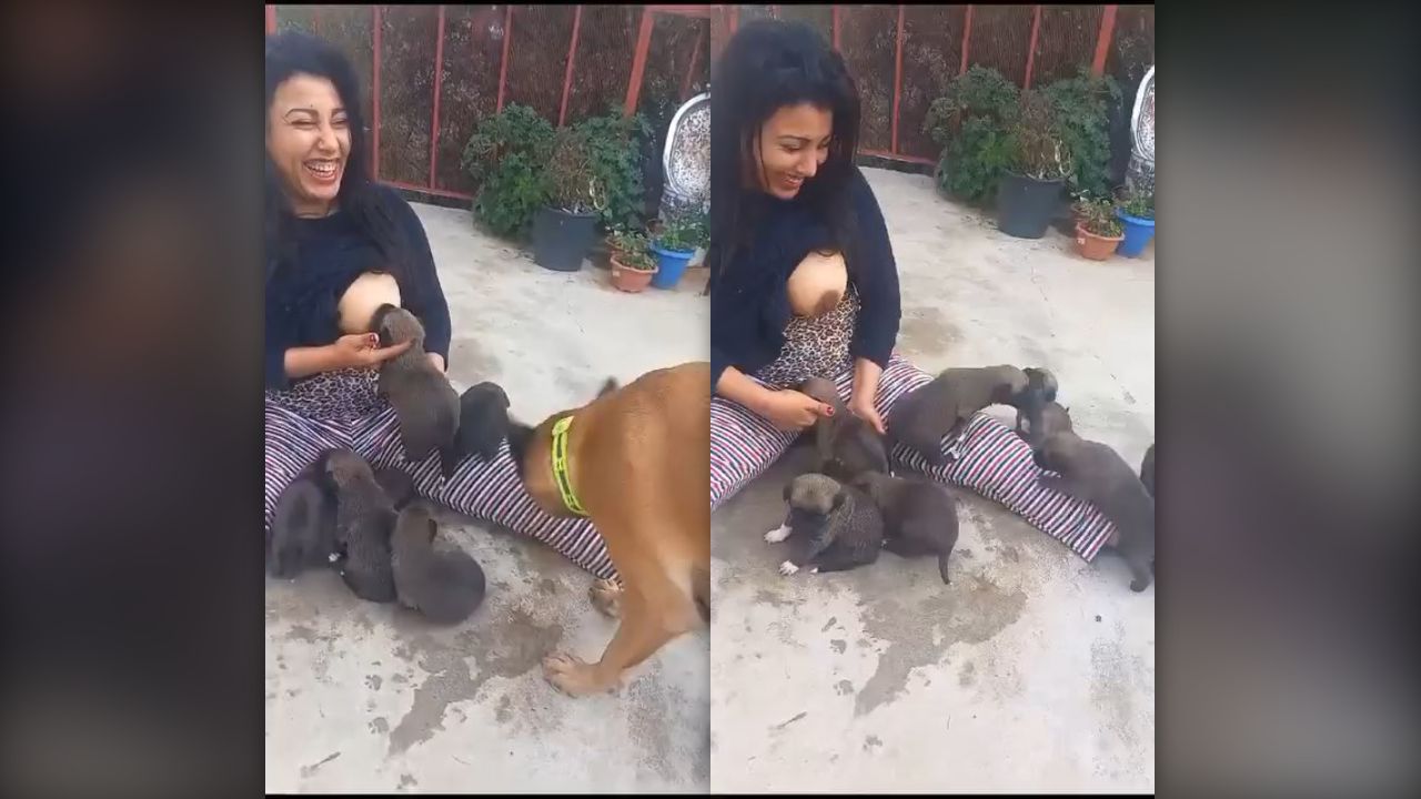 Nude Married Woman Breastfeeds Puppies